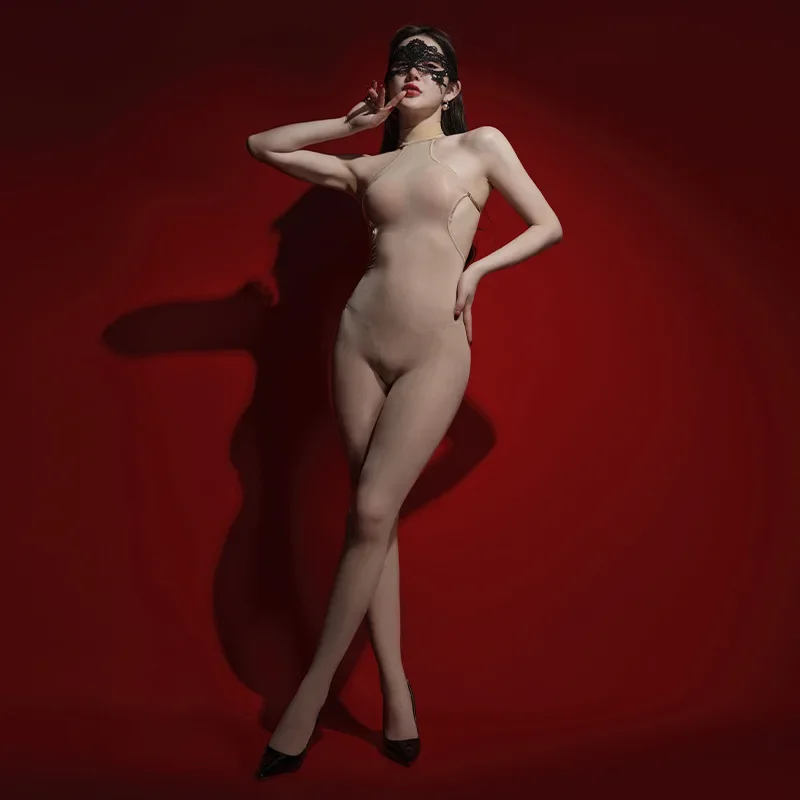 Oil Shiny Stocking Jumpsuits Women 6D Glossy Backless Bodysuit Smooth Tight Wrap Pantyhose Open Crotch Underwear Erotic Lingerie