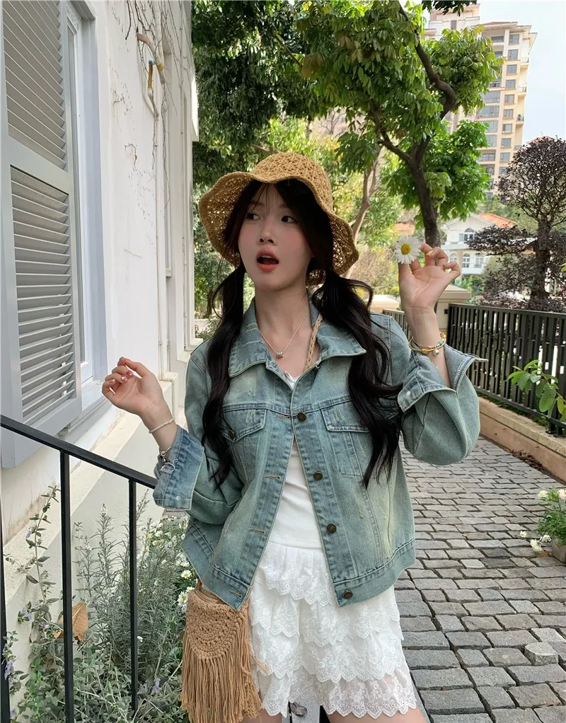 Denim-Mäntel für Damen, Sommer-Canvas, ausgehöhlte Taschen, minimalistische Schärpen, Ballonärmel, leichte Strandmode-Jacke