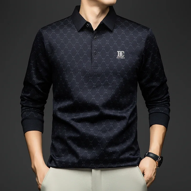 BROWON 2026 Spring Autumn Elegant Polo Shirts for Men Long Sleeve Lapel Color Printed Soft Comfortable Males Tops and Tees
