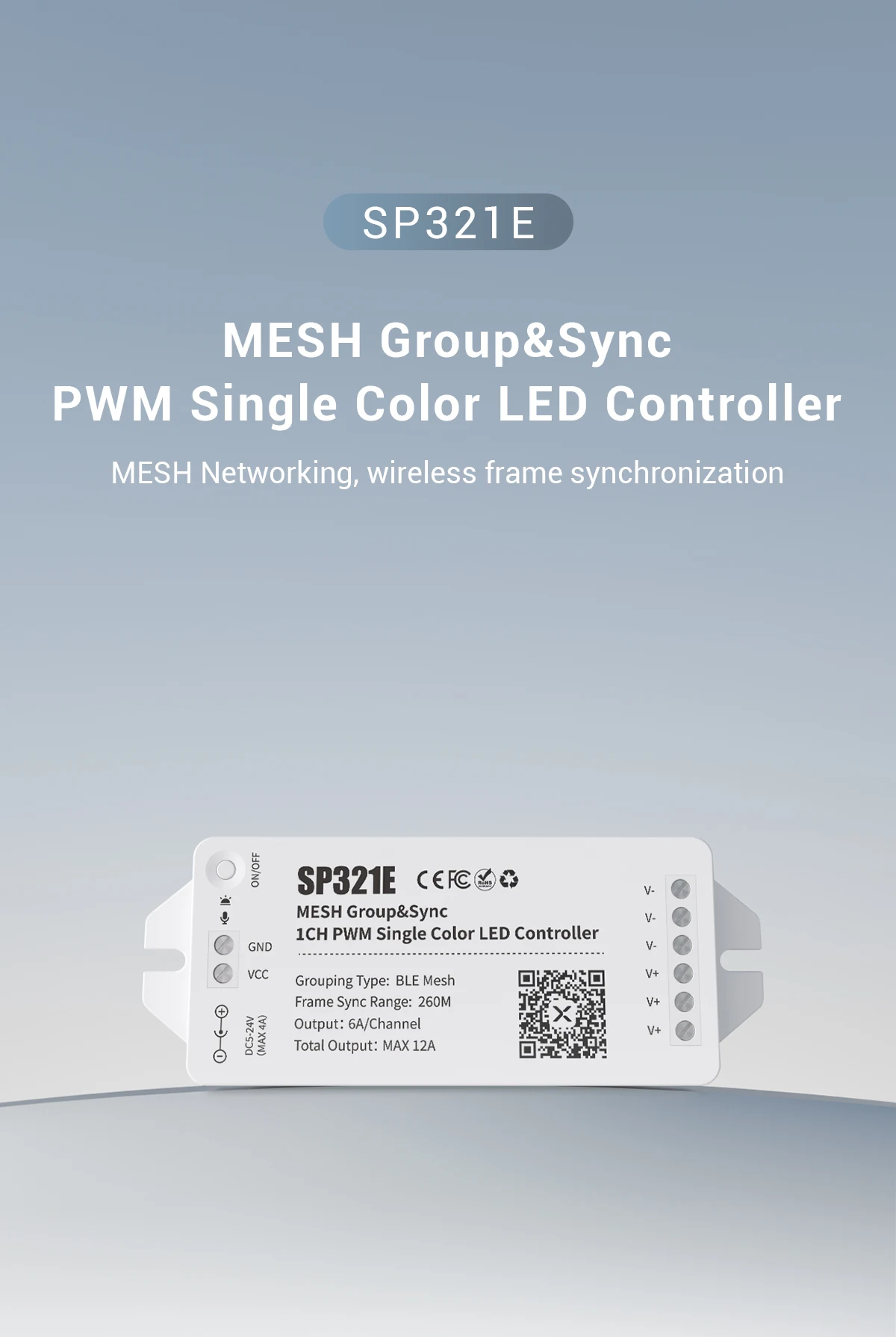 SP32xE series high-power BLE Mesh PWM LED controller for 1-5 CH LED strip light, single color, CCT, RGB, RGBW, RGBCCT