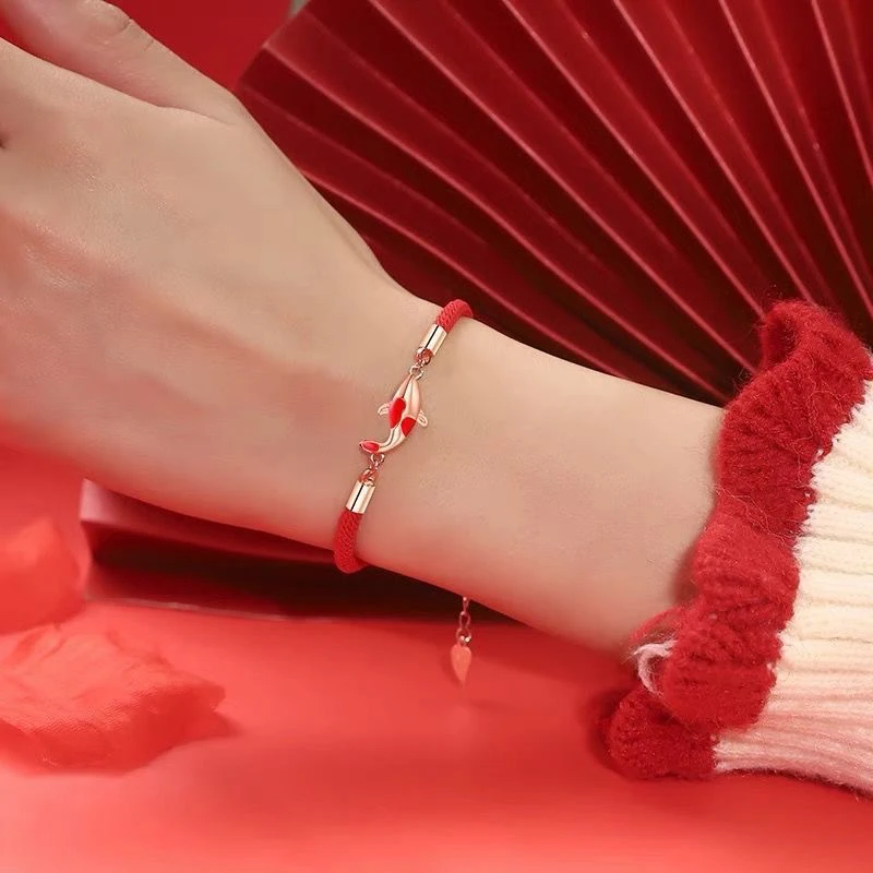 Feng Shui Lucky Koi Prayer Beads Bracelets For Women Men Gold Color Animal Handmade Woven Red Rope Bracelet Wristband Jewelry
