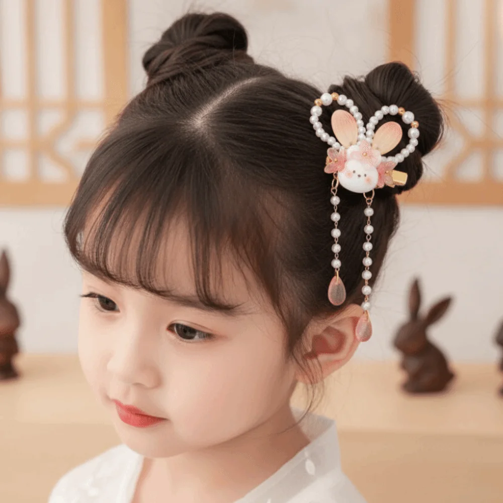 1 Pair Long Ribbon Hanfu Hair Clip Flowing Tassel Metal Duckbill Clip Rabbit Tassel Hairpin Vibrant Colors Traditional Vintage