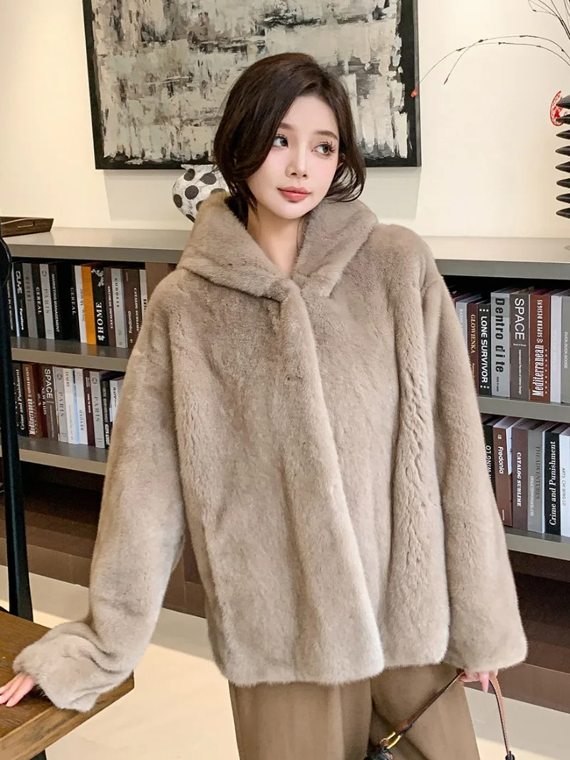 AYUSNUE Purple Gold Grade Velvet Mink Fur Coat Women Hooded Loose Oversized Full Pelt Genuine Mink Fur Clothing Winter Clothes