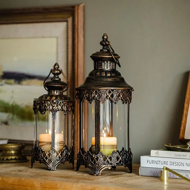 

Iron Glass Candle Holder Home Decor Retro Moroccan Style Wind Lamp Outdoor Courtyard Decorative Candlestick Hanging Artwork