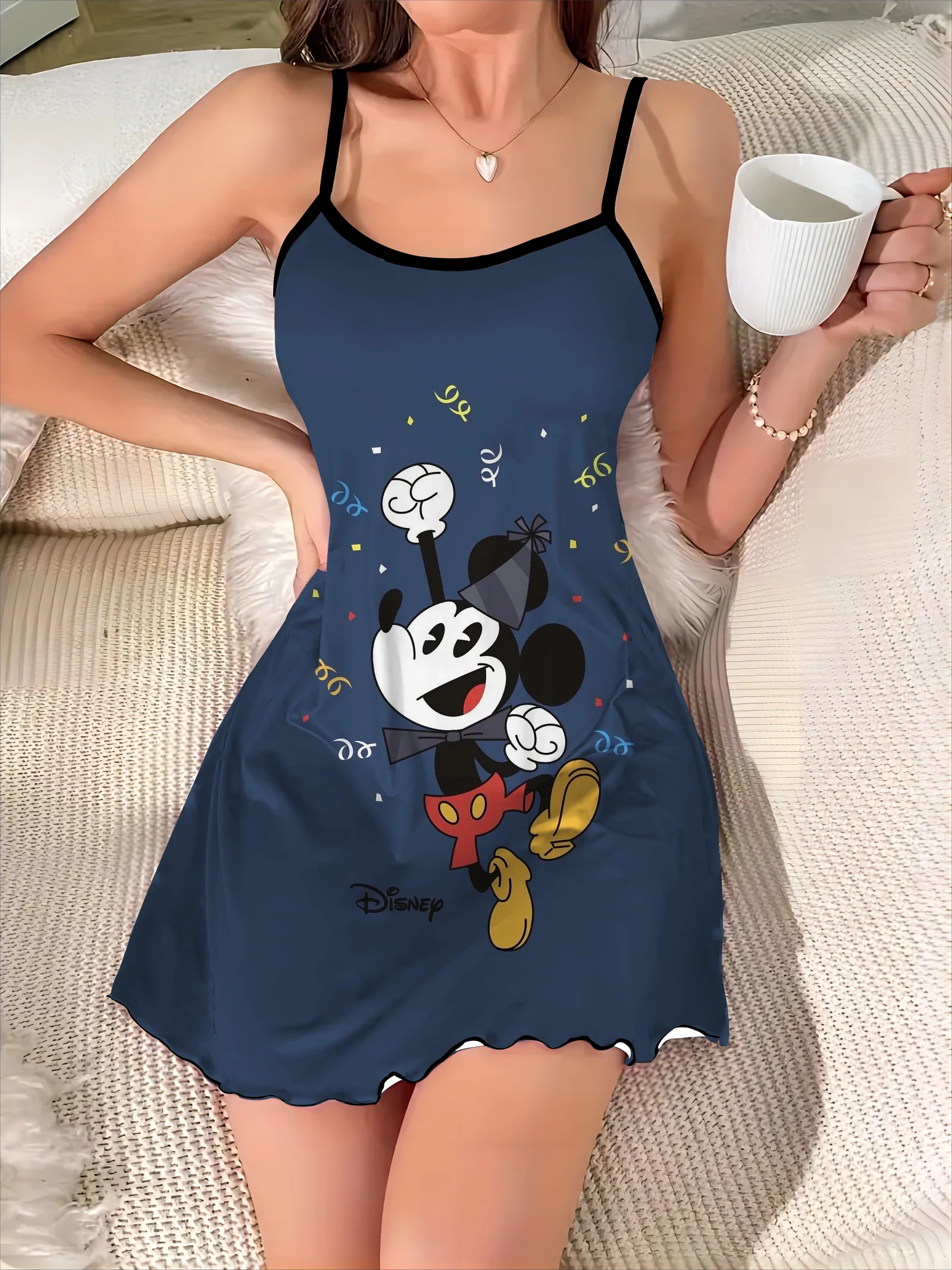 

Crew Neck Disney Home Dress Satin Surface Mickey Minnie Mouse Pajama Skirt Elegant Dresses for Women Lettuce Trim Chic Mini Sexy