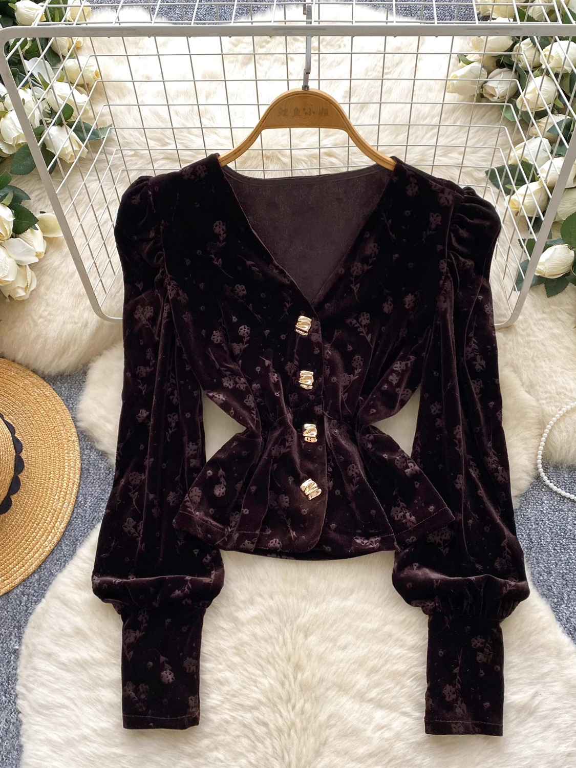 بلوزة ريترو ليليك فيلفيت مطبوعة irt للسيدات للخريف والشتاء للتخسيس على شكل حرف V بلوزة Sve قابلة للتنفس ومتعددة الاستخدامات