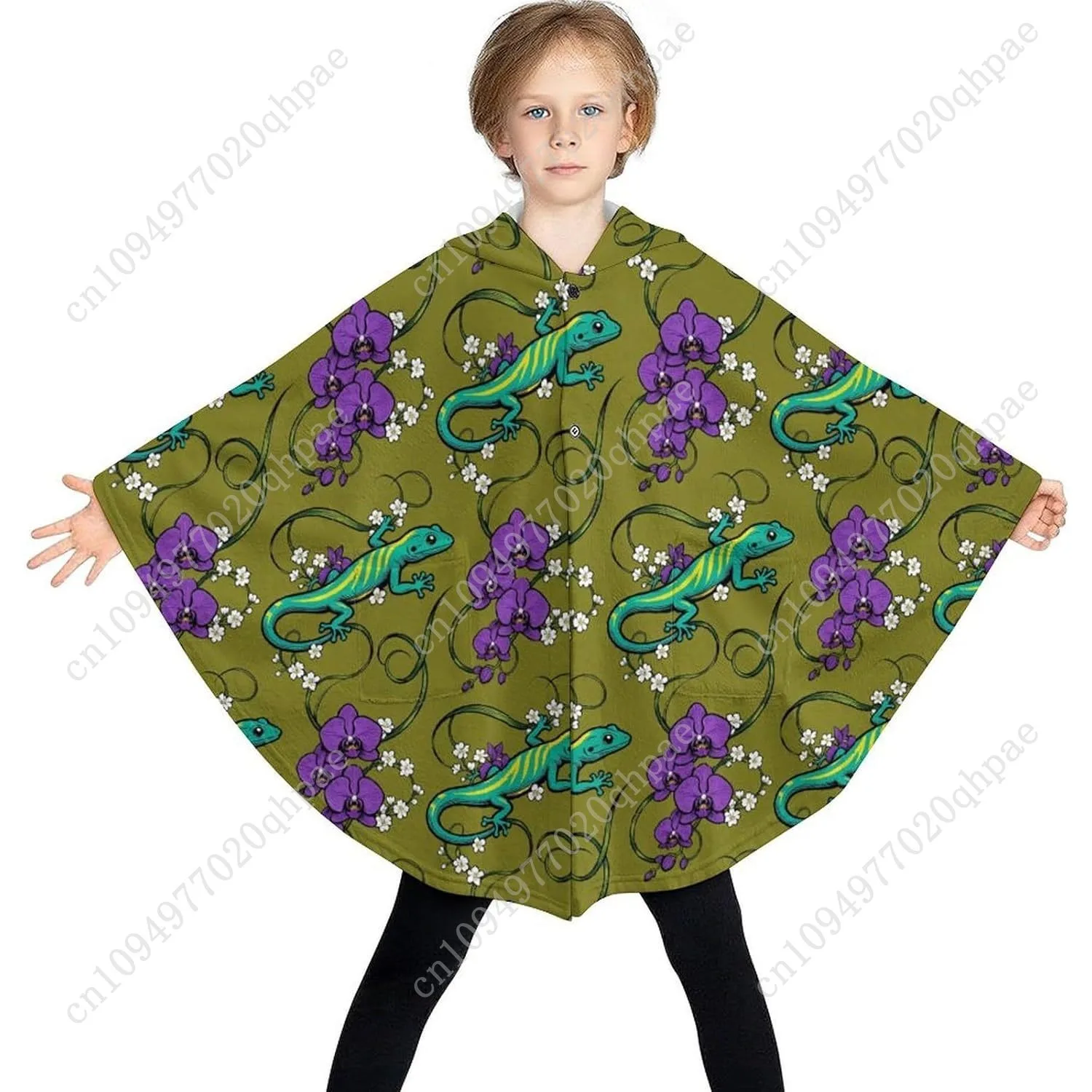 Cozy Flannel Blanket Sweater,Lizard Orchid Flower Oversized Hoodie With Pockets For Kids And Teenagers