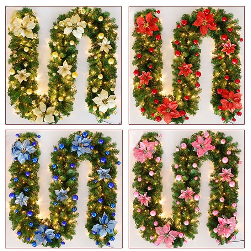 2.7M Christmas Led Rattan Garland Decor Light Wreath Artificial Flower Pine Tree Ornament Xmas Tree Banner Fireplace Door Stairs