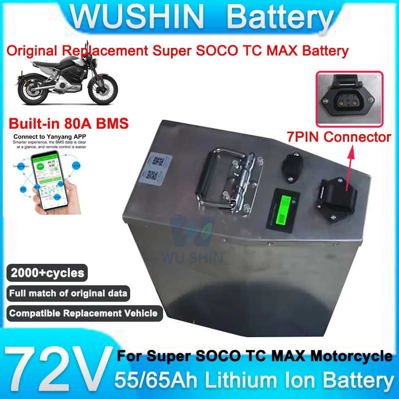 WUSHIN Original Replacement Battery Pack For Super SOCO TC MAX Motorcycle 72V 55Ah 65Ah Built in Yanyang Smart BMS With Charger