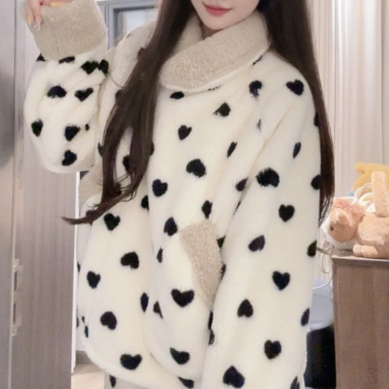 2026 New Cute Thickened and Velvet Warm Casual Pajamas for Women with Lapel Outer Wear Korean Version Sweet Internet Celebrity