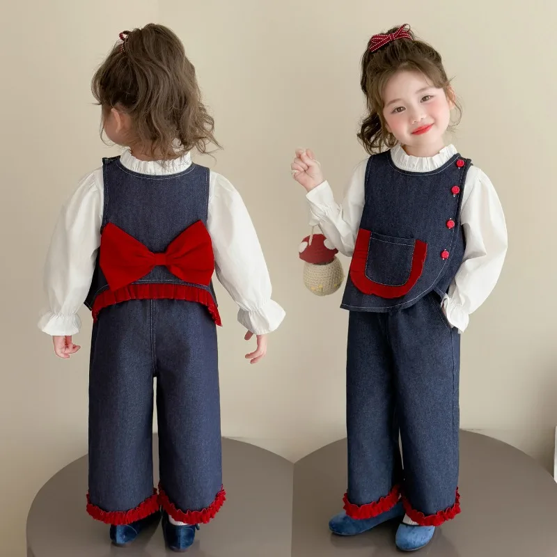 

Children Clothing Sets Fashion Girls Bottom Shirt +Cowboy Tank Top+ Straight Leg Pants Three-piece Set