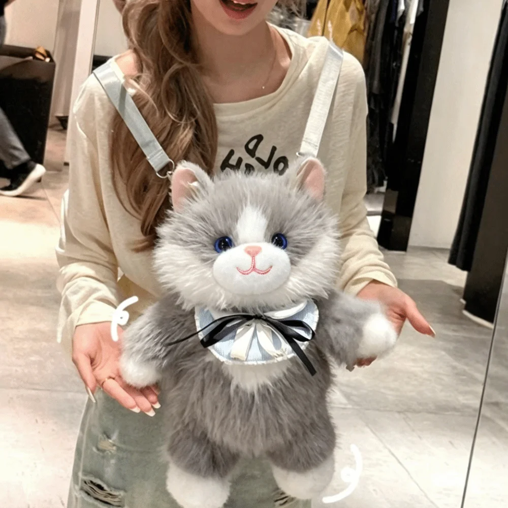 Funny Fur Material Backpack Large Capacity Lifelike Stuffed Animal Bag Fluffy Soft Ragdoll Cat School Bag School