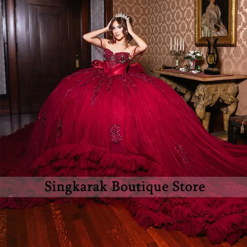 Customized 2026 Red Quinceanera Dress Ball Gown Off The Shoulder Beading Crystal Tiered Tull Sweet 16 Dress Vestios