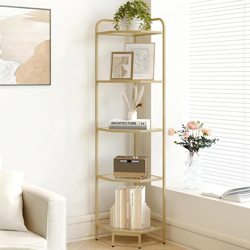 

Corner Shelf Stand, Glass Bookshelf Bookcase, Bathroom Organizer, Plant Stand, Steel Frame, Tempered Glass, Modern Style