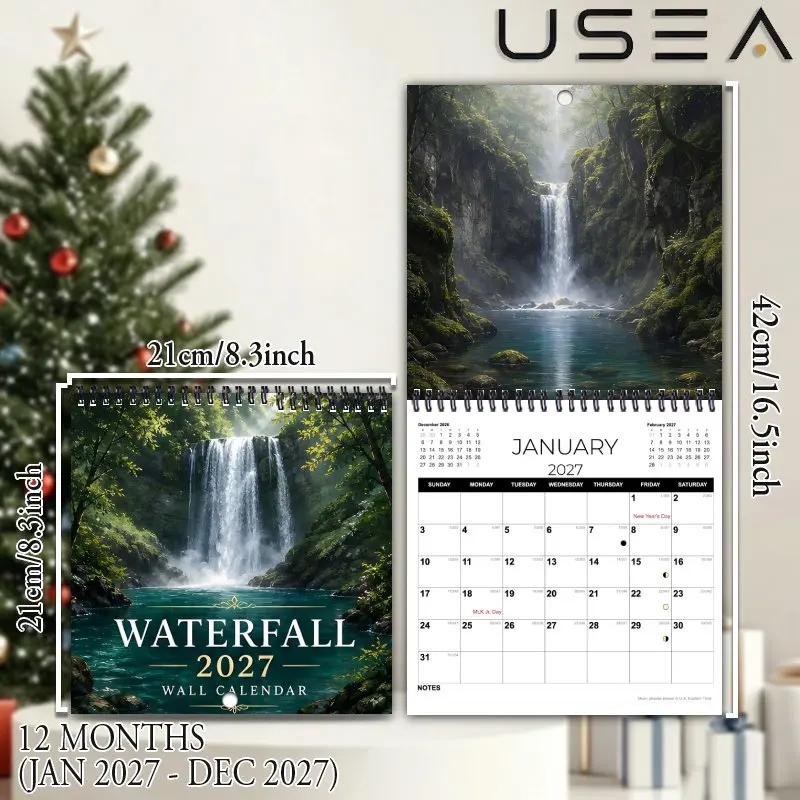 2027 Square Spiral Wall Calendar,12-Month Planner US Federal Holidays&Lunar Phases, Waterfall Nature Design,Ideal Christmas Gift