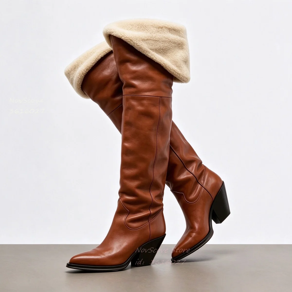 Pointy Toe Over The Knee Booties Block Heels Lamb Wool Fold Thigh High Booties Sewing Vintage Sexy Women Winter Warm Booties