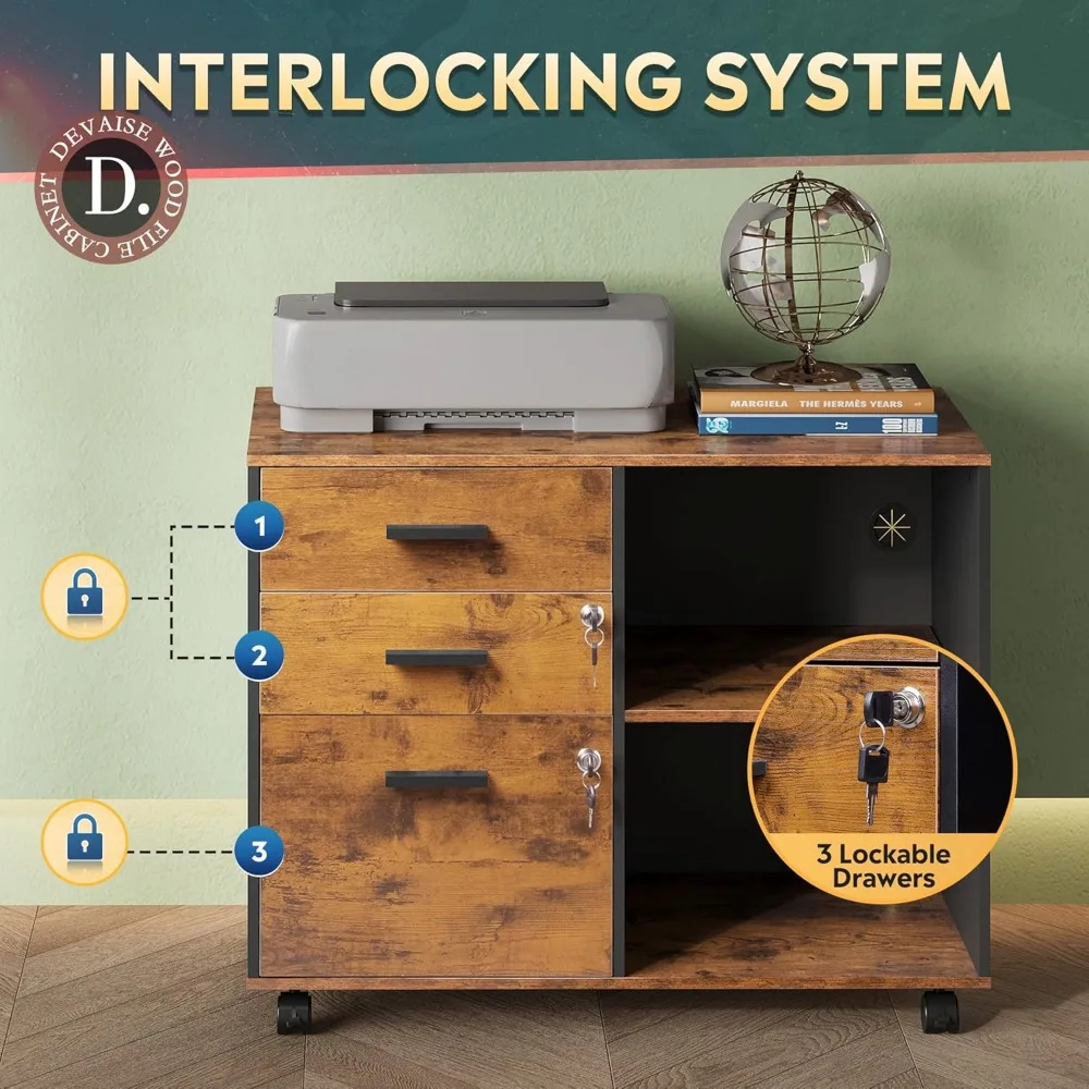 3-Drawer Wooden Lockable Lateral File Cabinet, Mobile Office Filing System with Open Storage Shelves for Home and Office Organiz