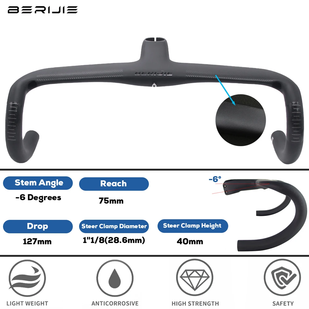 

BERIJIE Full Carbon Road Bike Integrated Handlebar, Bicycle Cockpit with Spacer, -6°, OD1, 47/56mm Round Headset Cap
