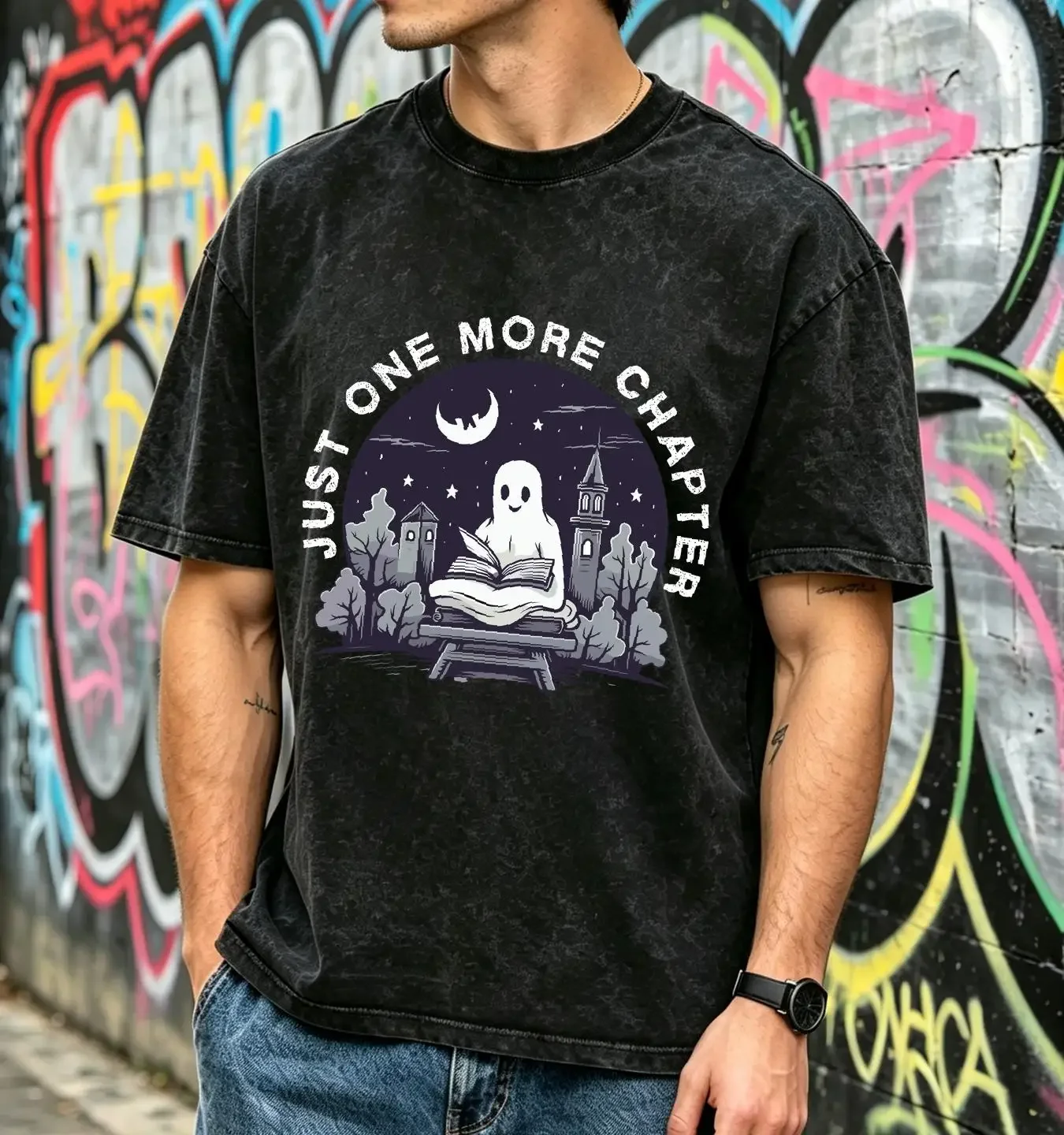 washed T Shirt Ghost Book Just One More Chapter Reading Halloween Spooky Teacher Fall Lover vintage Washed