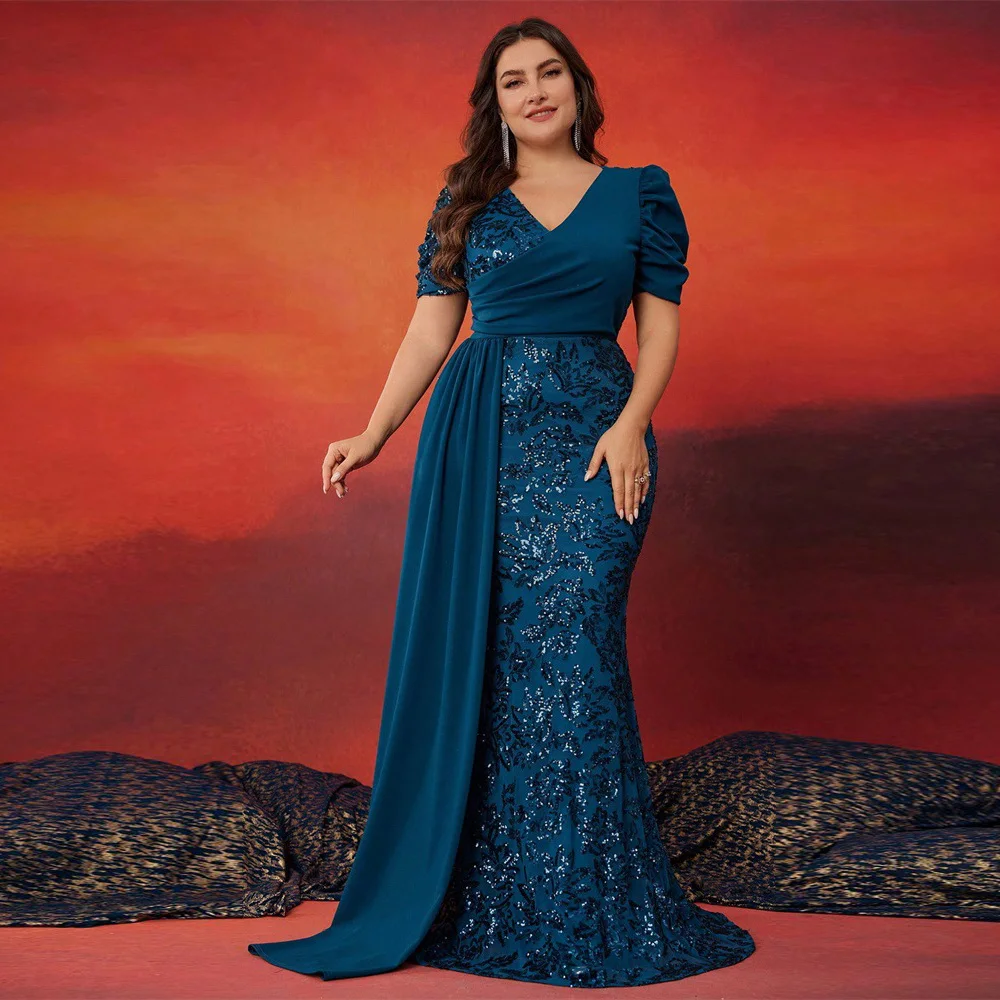 DEERVEADO Women Plus Size Evening Dresses Elegant Mermaid V-Neck Party Maxi Dresses Formal Occasion Dress Long Evening Gown Gala