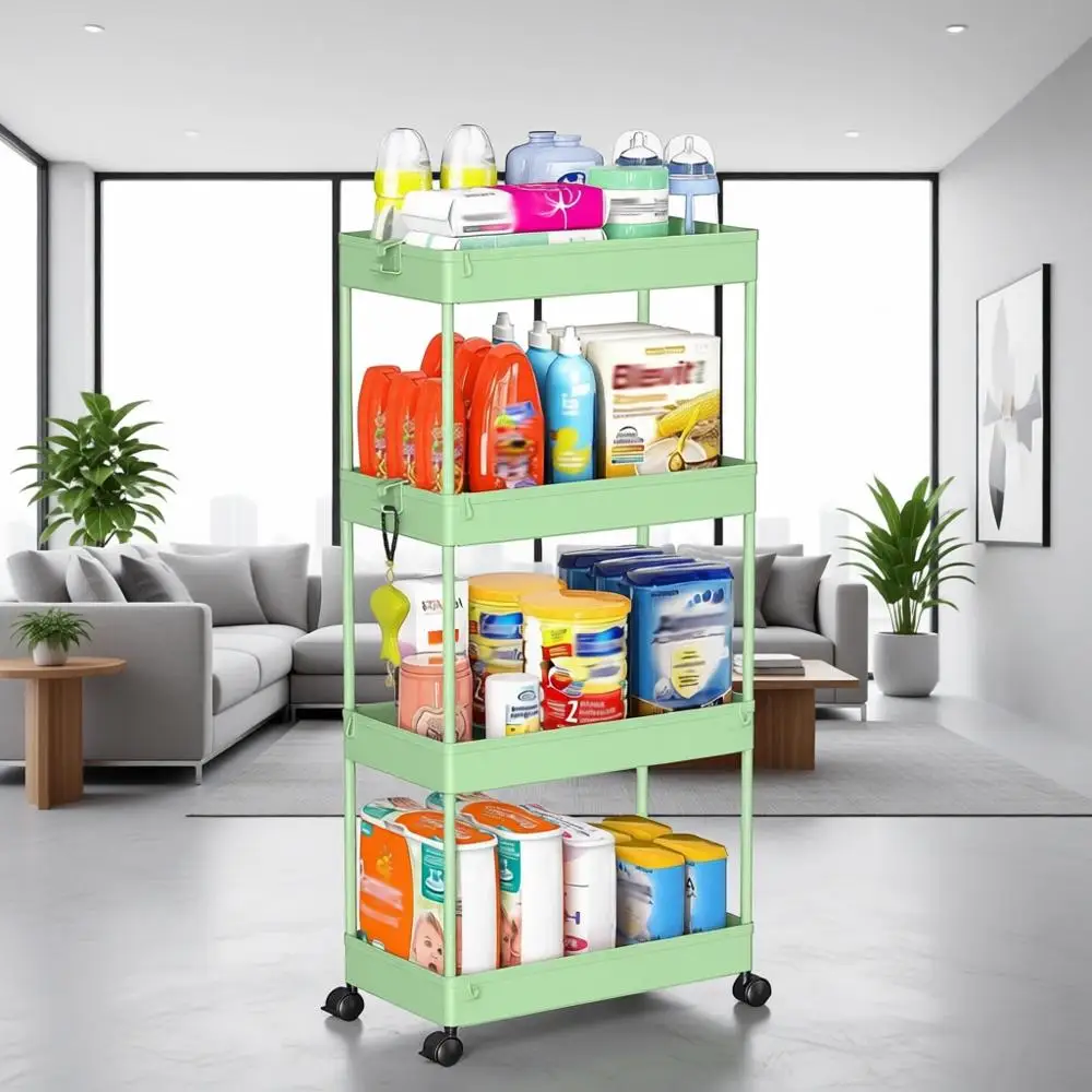 

4-уровневая передвижная тележка для хранения вещей для ванной, кладовой, кухни, гостиной и прачечной - зеленая
