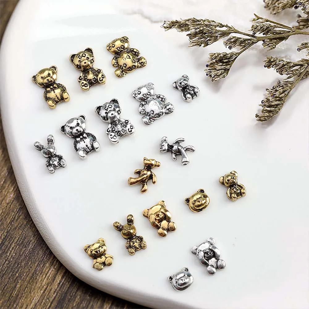 20pcs Alloy Skull Bear Nail Art Charm 3D Retro Metal Gold/Silver Multi-shape Bear Nail Decoration DIY Luxury Nail Accessories