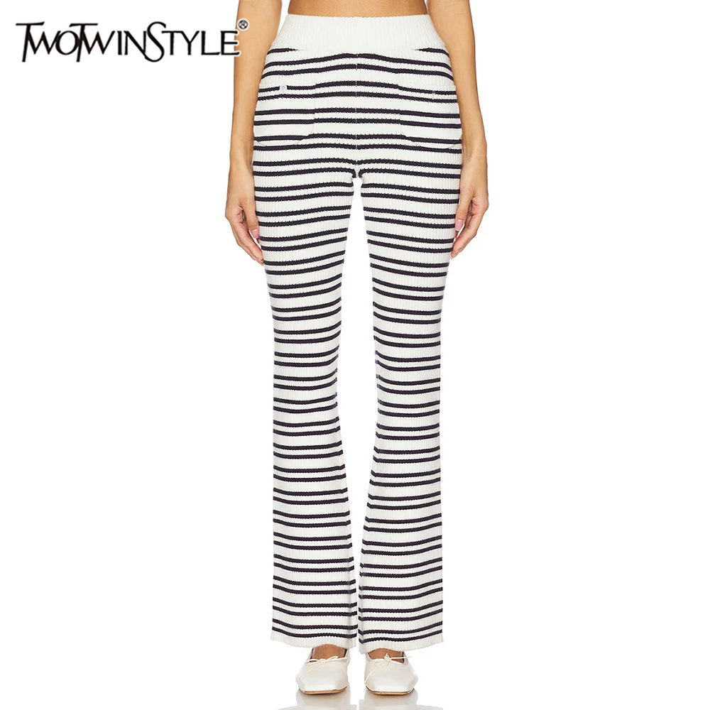 

TWOTWINSTYLE Casual Patchwork Striped Trousers for Women High Waist Spliced Elastic Straight Leg Pants Female Summer Clothing