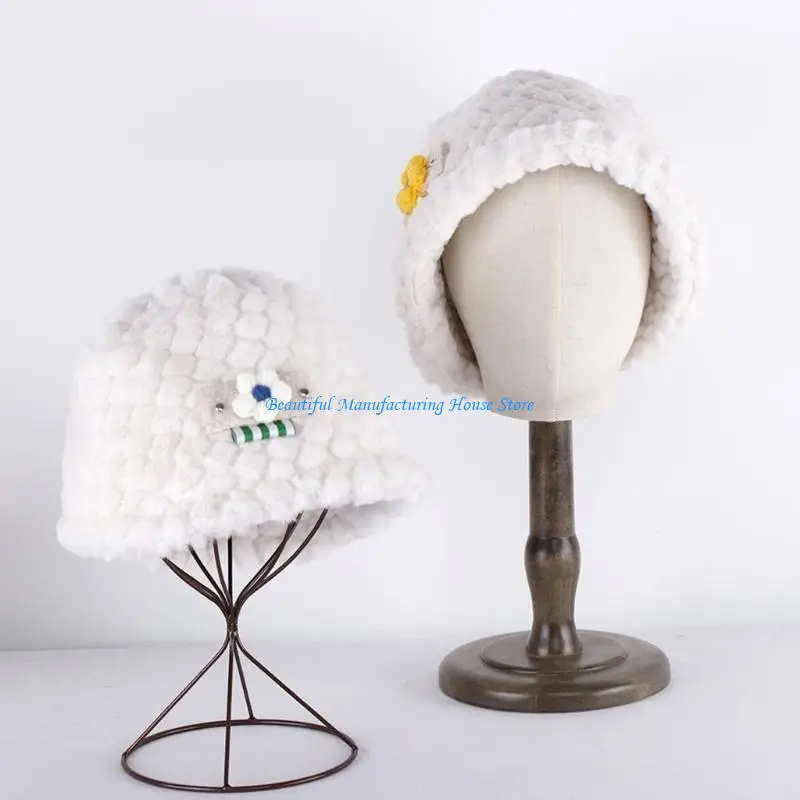 

E56A Knitted Bucket Hat Packable Fall Winter Fisherman Cap Flower Cloche Bowler Cap