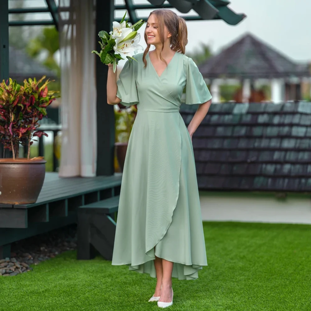 

Customized Elegant Jersey Formal Evening Bridemaid Dress V-neck Half Sleeve Pleat High-low A-line Luxury Ankle Length Party Gown