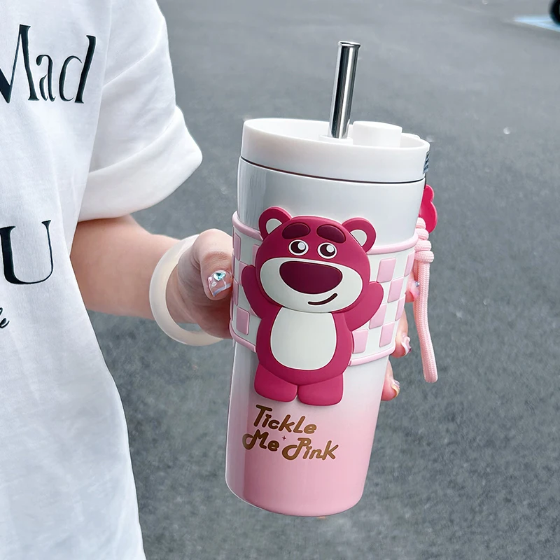 Strawberry Bear Insulated Cup650ml New  Female Straw Cup Portable Stainless Cartoon Leak Proof Design Fashion Cute Practicalgift