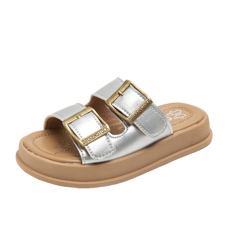 Children Causal Slippers Fashion Boys Girls Retro Shoes with Buckle Open-toe Kids Summer Beach Slippers Solid Color Simple New