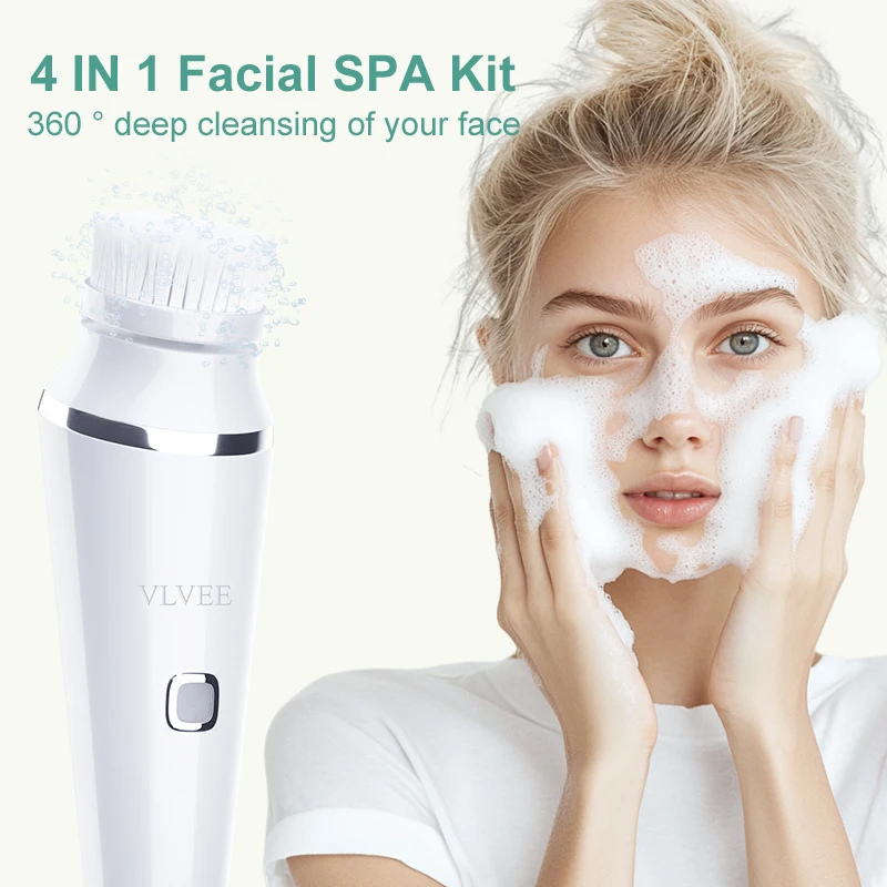 VLVEE 360 ° Rotating Electric Facial Cleaning Brush With 4 Massage Heads Deep Pore Dirt Face Cleaner Beauty Face Washing Brush