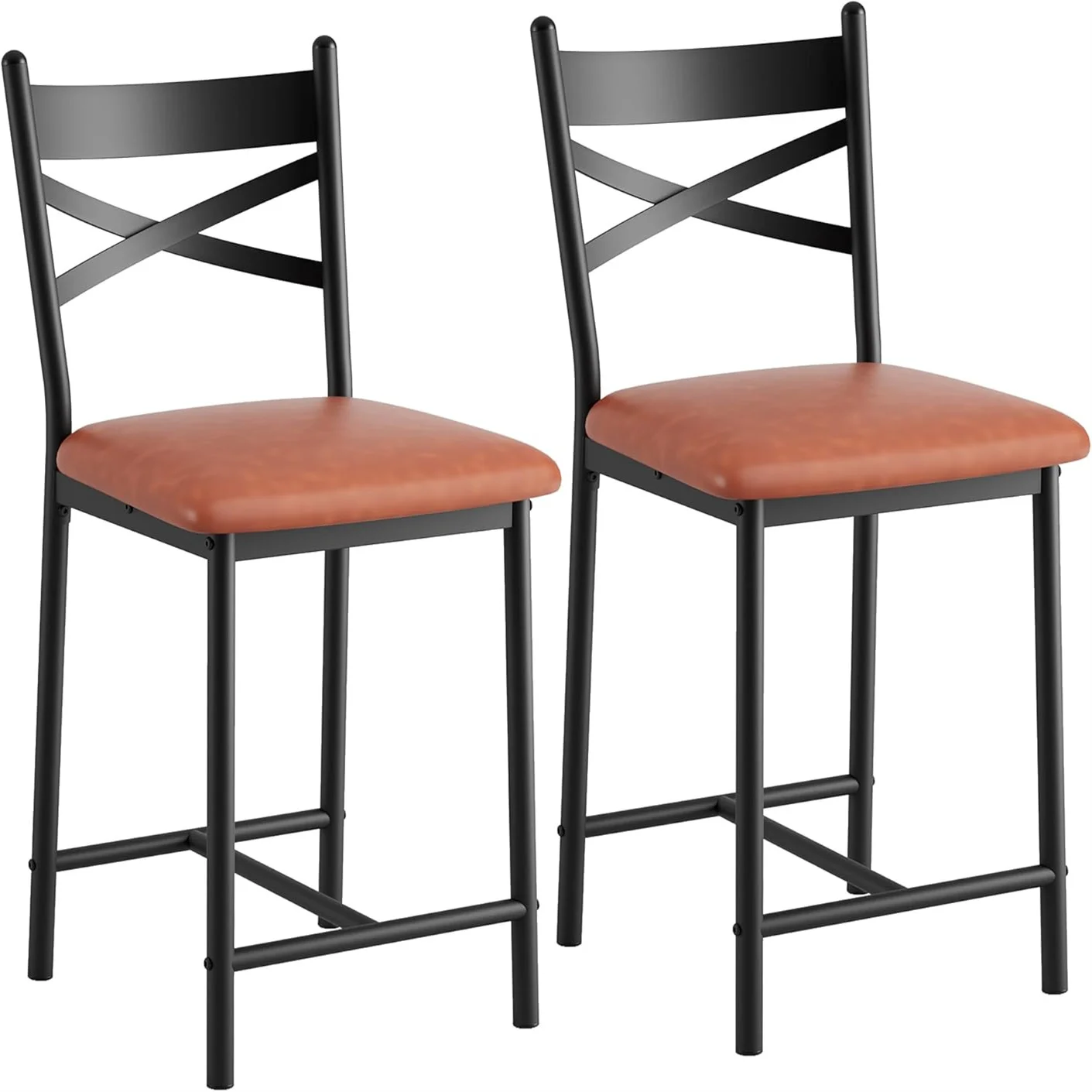 Set of 2 Modern Bar Stools 22" Counter Height - Back & Thick 3" Cushion, Footrest & Seat for Kitchen Island, Water-Resistant
