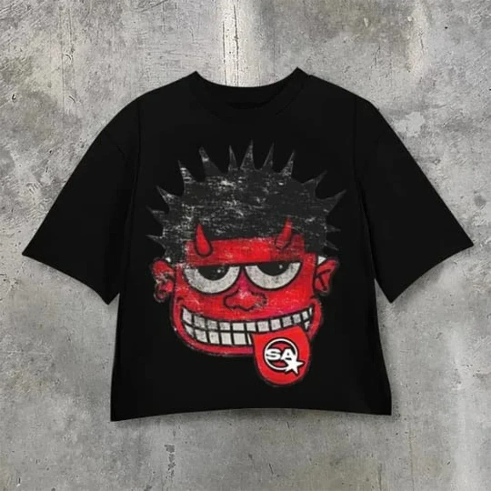 Harajuku High Street Couple Graphic Y2k Top Cartoon Devil Graphic T-Shirt Printed Oversize Gothic Streetwear Gothic Casual Tops