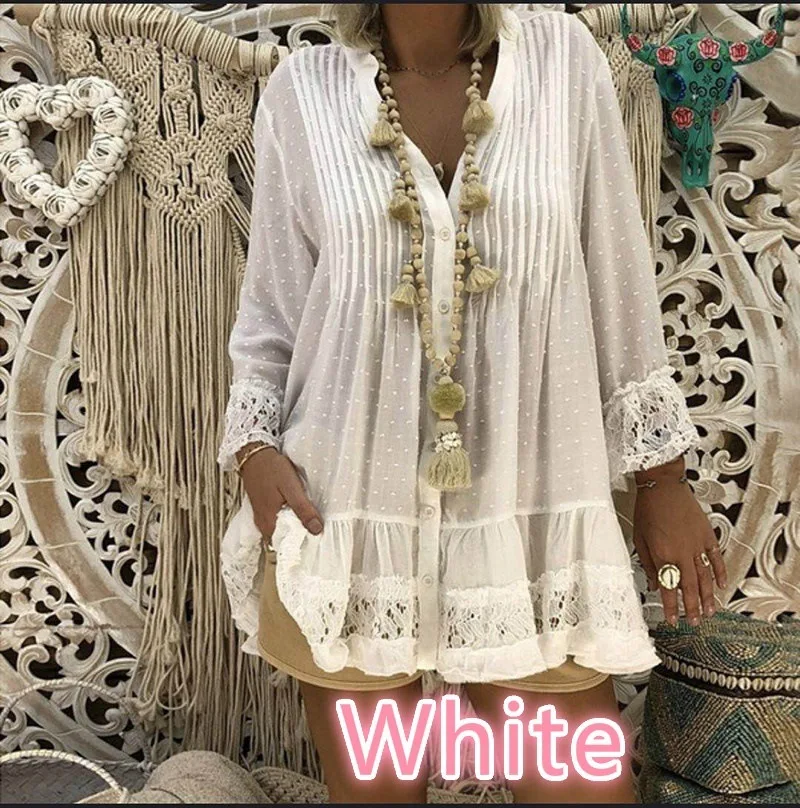 

Women lace patchwork swiss dot tunic tops Spring 2023 solid v-neck button up long sleeve oversized shirt 5xl white khaki yellow