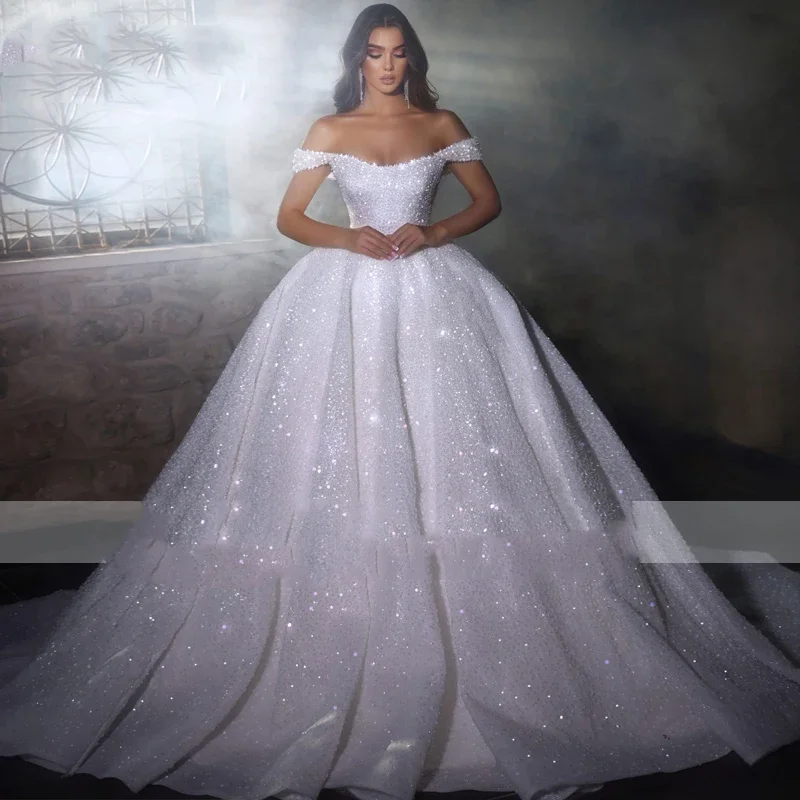 

Flavinke Customized Charming Sweetheart Lace Up Ball Gown Sparkly Wedding Dresses Beading Off the Shoulder Princess Bridal Gown
