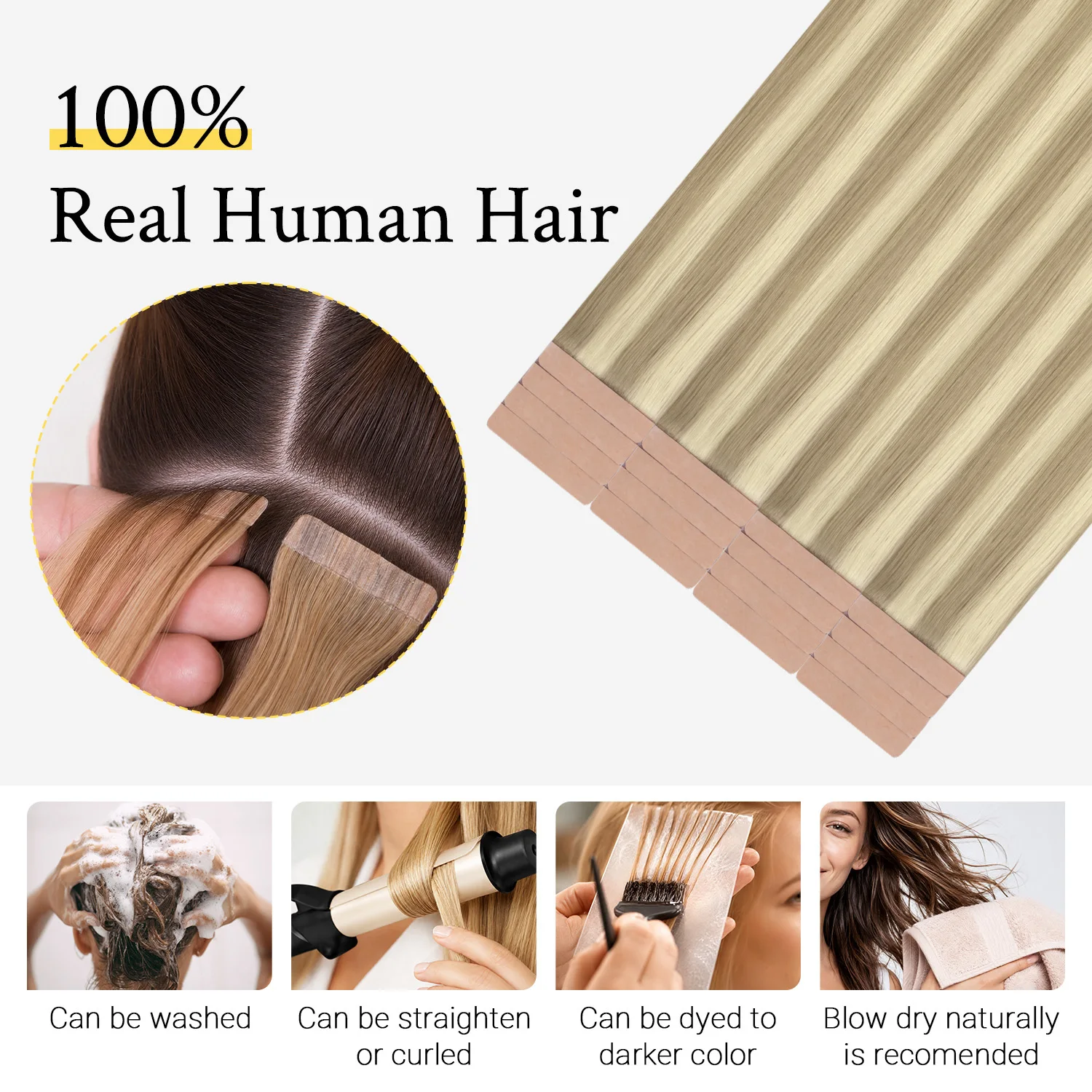 Sunmofavo Tape In Hair Extensions Invisible Skin Weft, Blonde Ombre Piano Highlight Straight Remy Human Hair, Double Drawn Seamless 20Pcs 50g Reusable Tape Ins, Gentle Scalp Friendly Long Hold for Women Salon Daily Use
