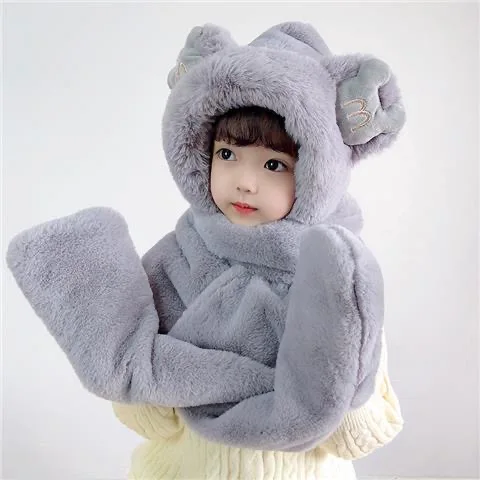 Chapeau à oreillettes ours mignon pour tout-petits avec écharpe et gants, chapeau coupe-vent doublé sourire 3 en 1 pour enfants, unisexe, hiver