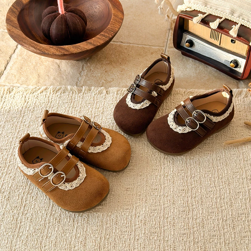 Girls Retro Mary Jane Shoes with Double Buckle Straps and Lace Trim Children Princess Shoes Kids Suede Flats Shoes Spring Autumn