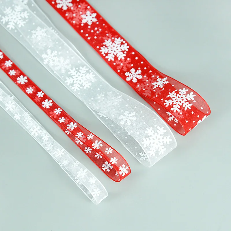 10/25MM Christmas Organza Ribbon 5m/20m Red/White Snowflake Printed Lace Ribbon Roll Handmade DIY Gift Wrapping Decor Bow Craft