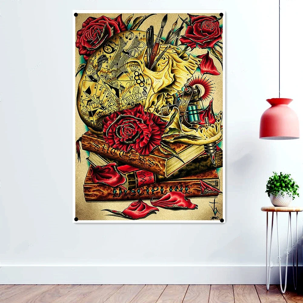 

Rose Skull Macabre Art Wallpaper Banner Wall Decoration Death Metal Artist Posters Scary Bloody Drawing Rock Band Icon Flag Gift