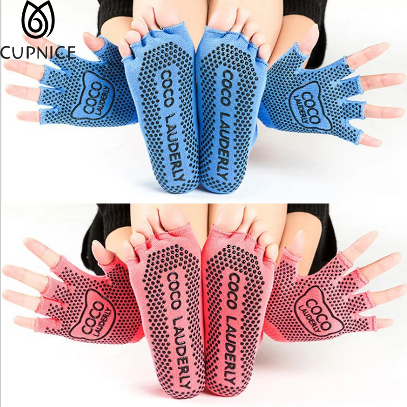 Women Yoga Silicone Socks Gloves Sets Half Toe Five Toed Non Slip Ladies Sports Socks Five-Finger Gloves