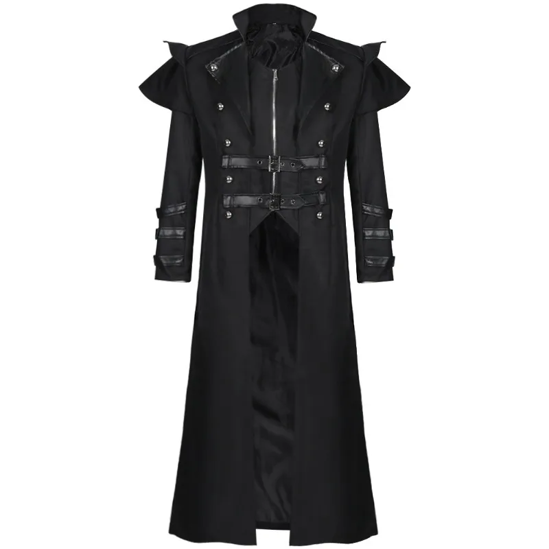 Men's Gothic Steampunk Long Coat Black Double Belted Ruffle Shoulder Cosplay Costume For Halloween Party Performance Jacket