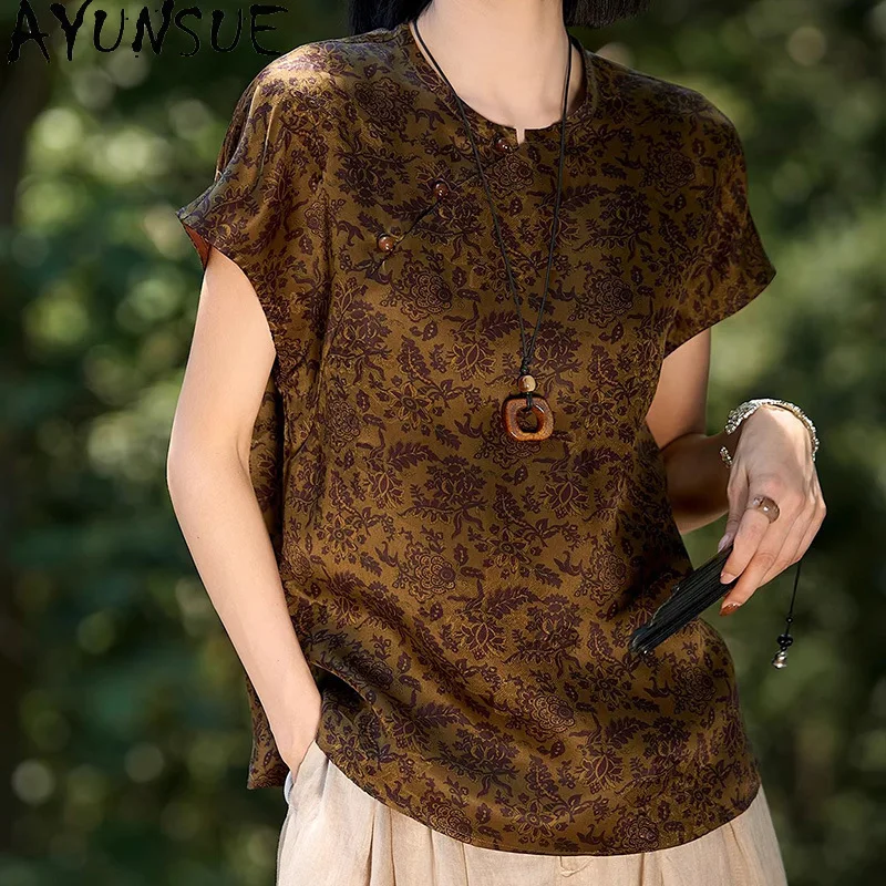 AYUNSUE Red Gambiered Silk Women's T-shirts Elegant New Chinese Style Tops for Woman Short Sleeve T Shirt Woman Clothing Одежда