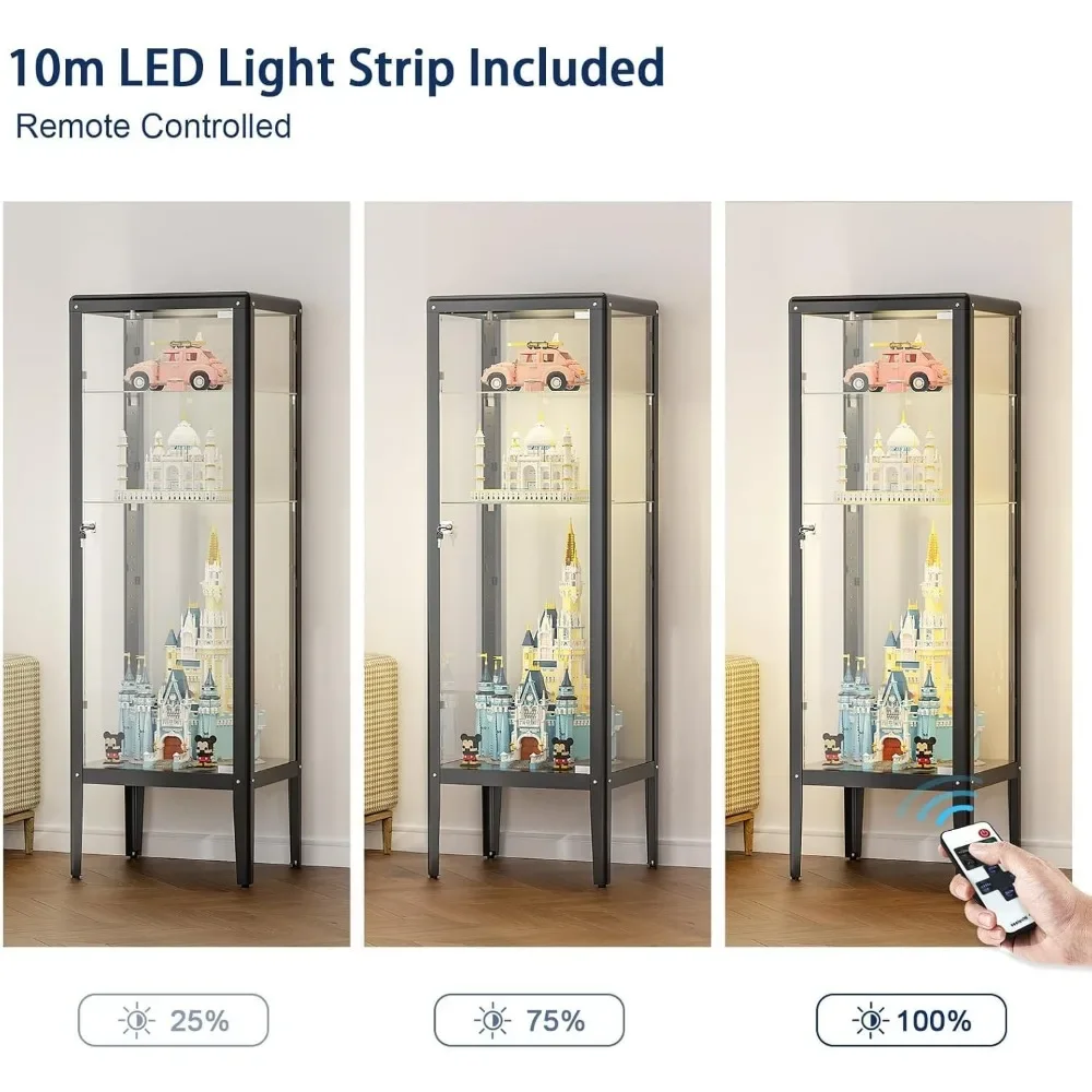 Vitrina con 3 estantes ajustables, gabinete de vidrio con cerradura y puerta, luces LED, gabinete de exhibición de almacenamiento de Metal