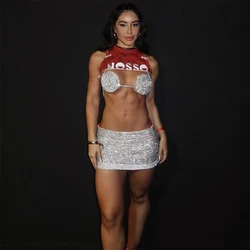 YOUR BUMP CURVE Sexy Women Birthday Party Luxury Mini Zipper Bodycon Bra Set Silver Sparkling Rhinestone Rope Catwalk Red Carpet