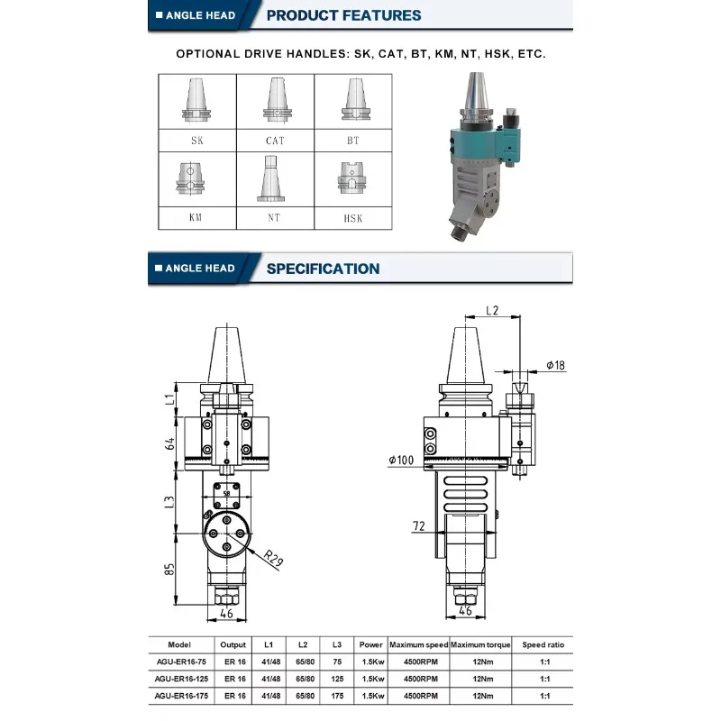 CNC Milling Angle Head Universal Milling Head BT40 BT50 ER Right Angle Head