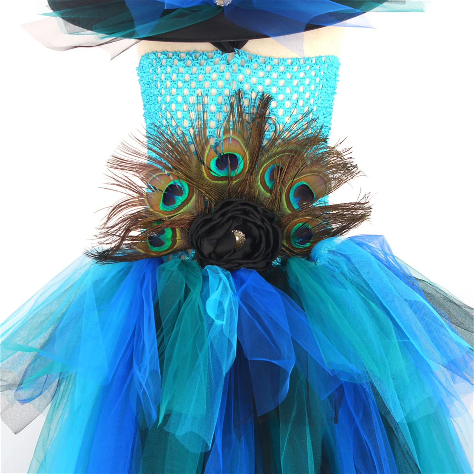 Kids Girls' Peacock Feather Dress Model Catwalk Performance Tail Dress Festival Mesh Cosmetic Costume with Hat