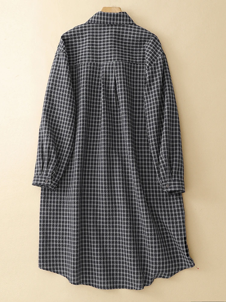 فساتين قميص منقوشة عتيقة من القطن للنساء فستان جديد فضفاض غير رسمي بأكمام طويلة ملابس أنيقة لربيع وخريف 2025