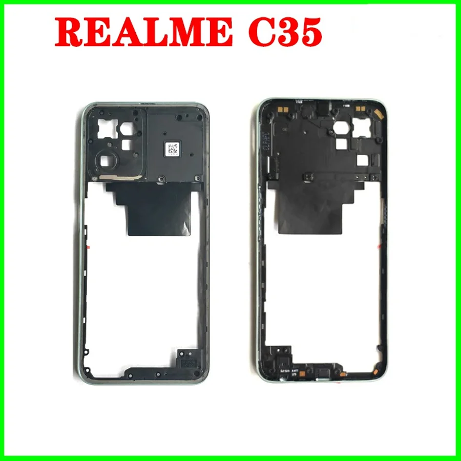 For Realme C35 LCD Front Middle Frame Bezel Set RMX3511 Power Button Battery Back Cover Rear Door Housing